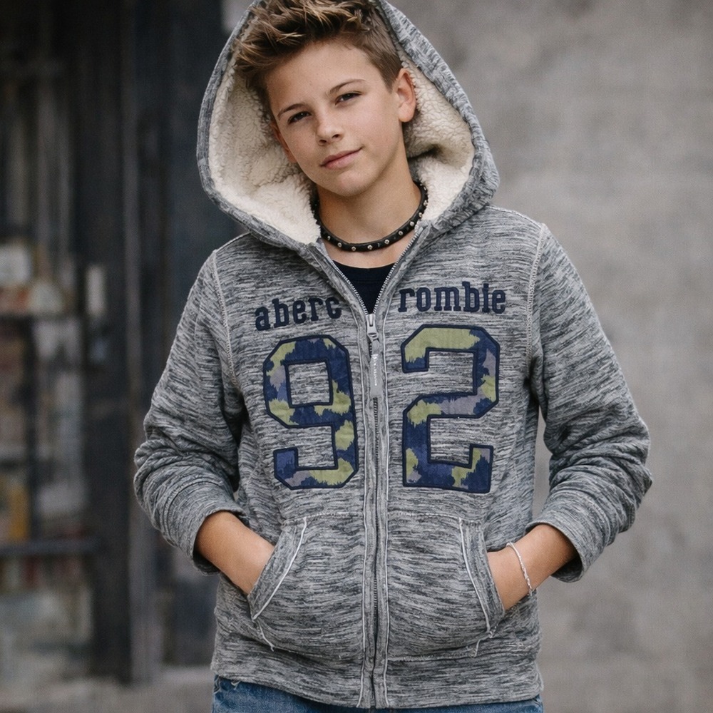 Y2K Abercrombie Fitch‎ Hoodie Youth 11/12 Gray Stitched Sherpa Lined Full Zip